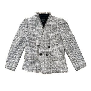 Ann Taylor Petite 0P Black & White Tweed Fringe-Trim Jacket